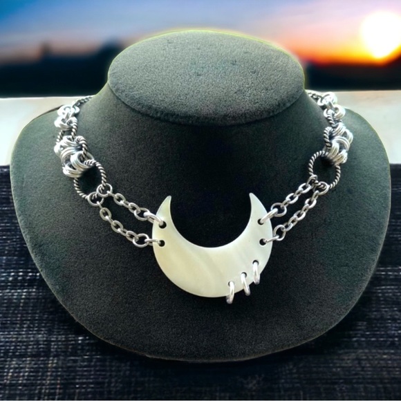 Silverskylight Jewelry - Handmade maille choker & Mother of pearl crecent moon with piercings necklace